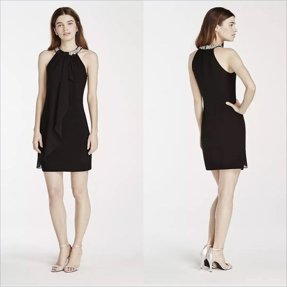 Adrianna Papell Halter Chiffon Dress with Pearl Neckline Size 8 NWT Black